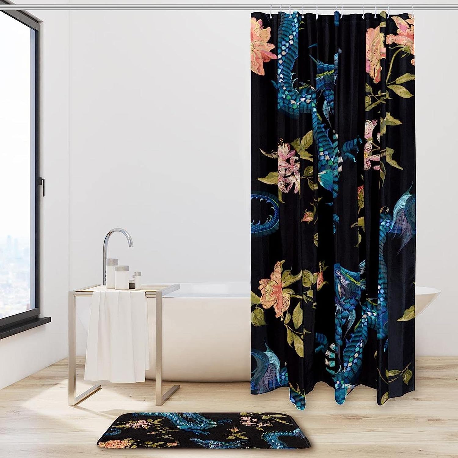 Oriental Floral Shower Curtain With Chinese Dragons And Gold Roses For Elegant Bathroom Decor - Image 2