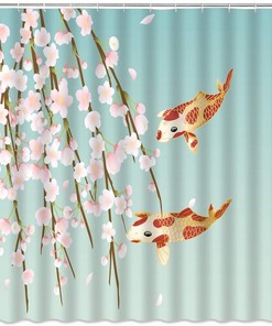 Oriental Flower Branch Shower Curtain, Cherry Blossom And Koi Fish Design