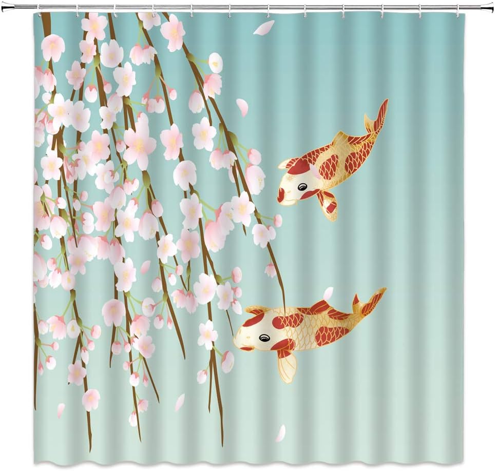Oriental Flower Branch Shower Curtain, Cherry Blossom And Koi Fish Design