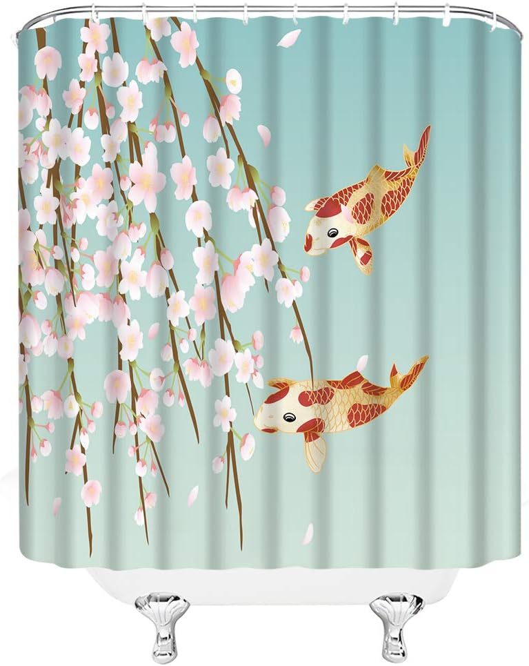Oriental Flower Branch Shower Curtain, Cherry Blossom And Koi Fish Design - Image 2