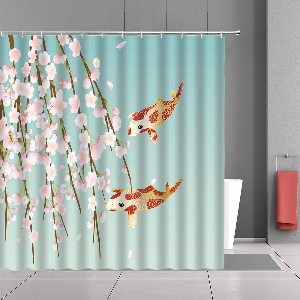 Oriental Flower Branch Shower Curtain, Cherry Blossom And Koi Fish Design - Image 3
