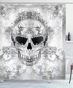 Oriental Paisley Skull Print Fabric Shower Curtain - Vintage Oriental Bathroom Decor