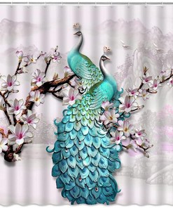 Oriental Watercolor Peacock Shower Curtain with Magnolia Flowers - Luxury Bathroom Decor