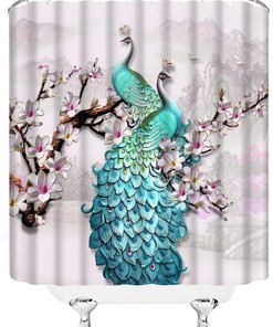 Oriental Watercolor Peacock Shower Curtain with Magnolia Flowers - Luxury Bathroom Decor