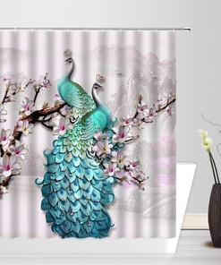 Oriental Watercolor Peacock Shower Curtain with Magnolia Flowers - Luxury Bathroom Decor