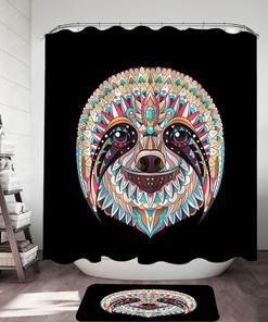 Oriental and Bohemian Shower Curtain with Multi-Colored Sloth and Plant Design
