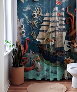 Origami Seascape Nautical Shower Curtain, perfect Housewarming Gift with Ocean Octopus and Sailboat Theme 