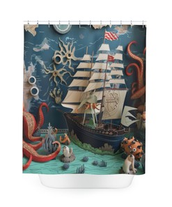 Origami Seascape Nautical Shower Curtain, perfect Housewarming Gift with Ocean Octopus and Sailboat Theme