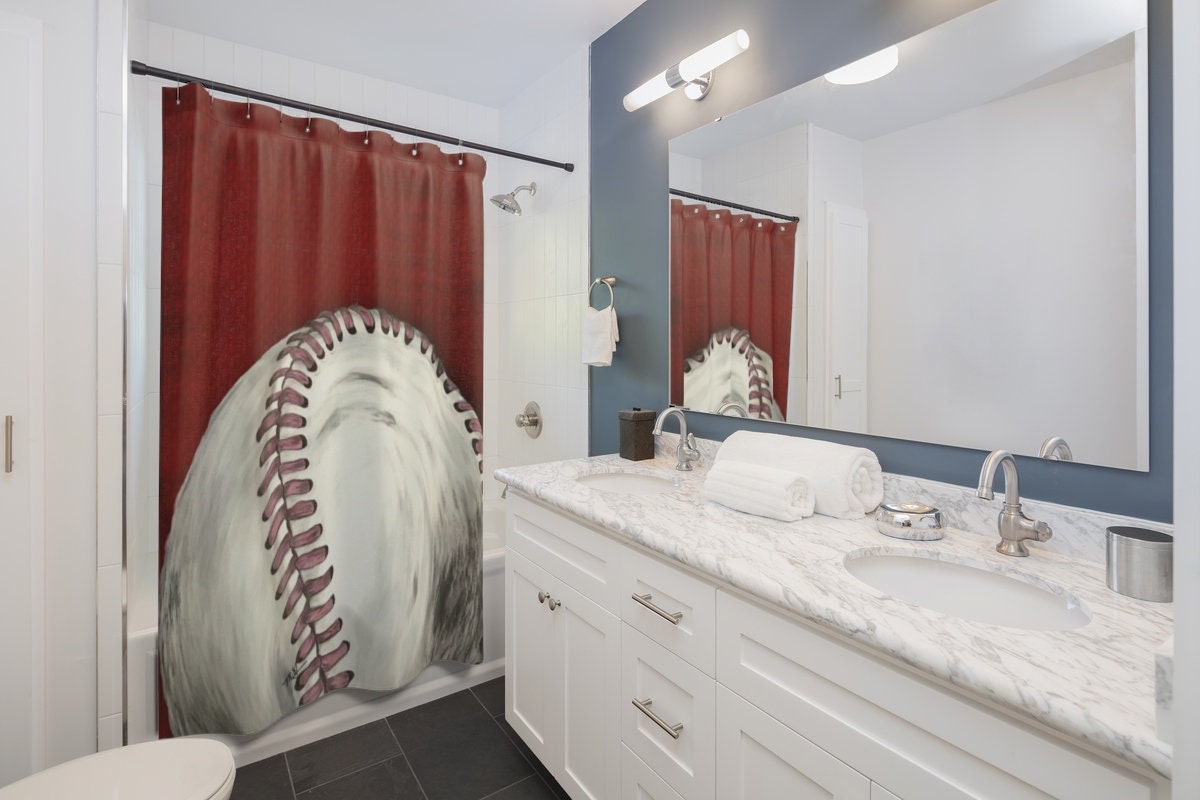 Original Art Hand-Painted Baseball Shower Curtain- Unique Boys Bathroom Decor - Image 2