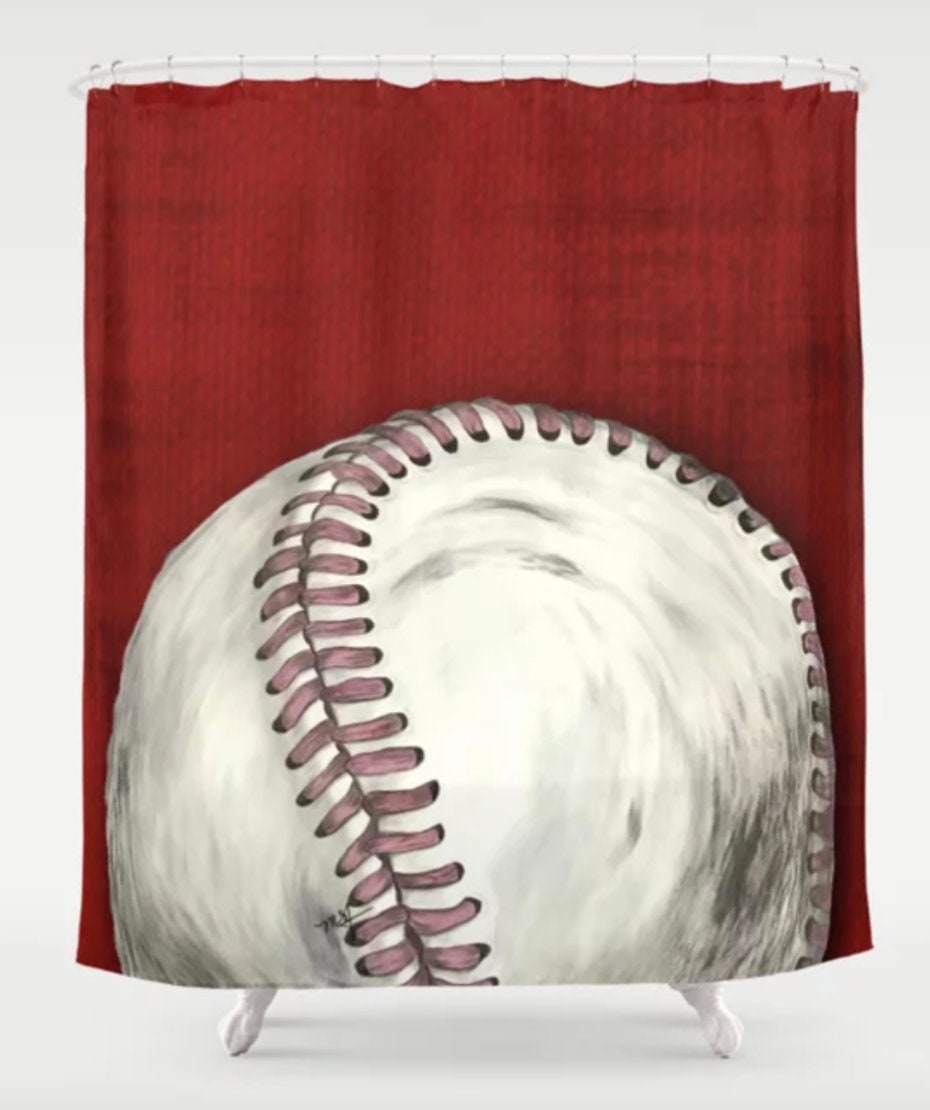 Original Art Hand-Painted Baseball Shower Curtain- Unique Boys Bathroom Decor - Image 3