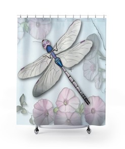 Original Hand-Painted Dragonfly Shower Curtain With Morning Glories