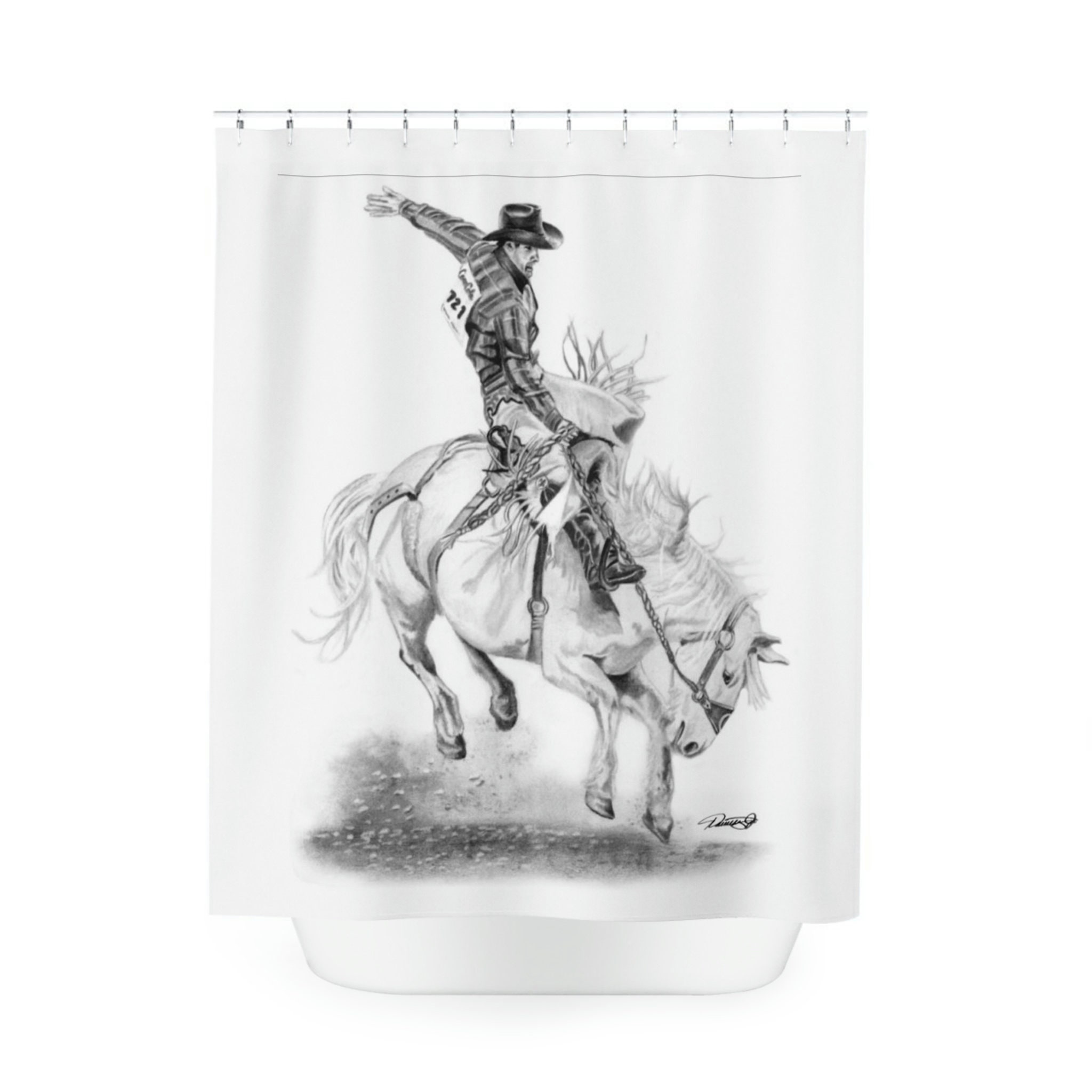 Original Western Art Rodeo Shower Curtain - Bronc Busting Cowboy Riding