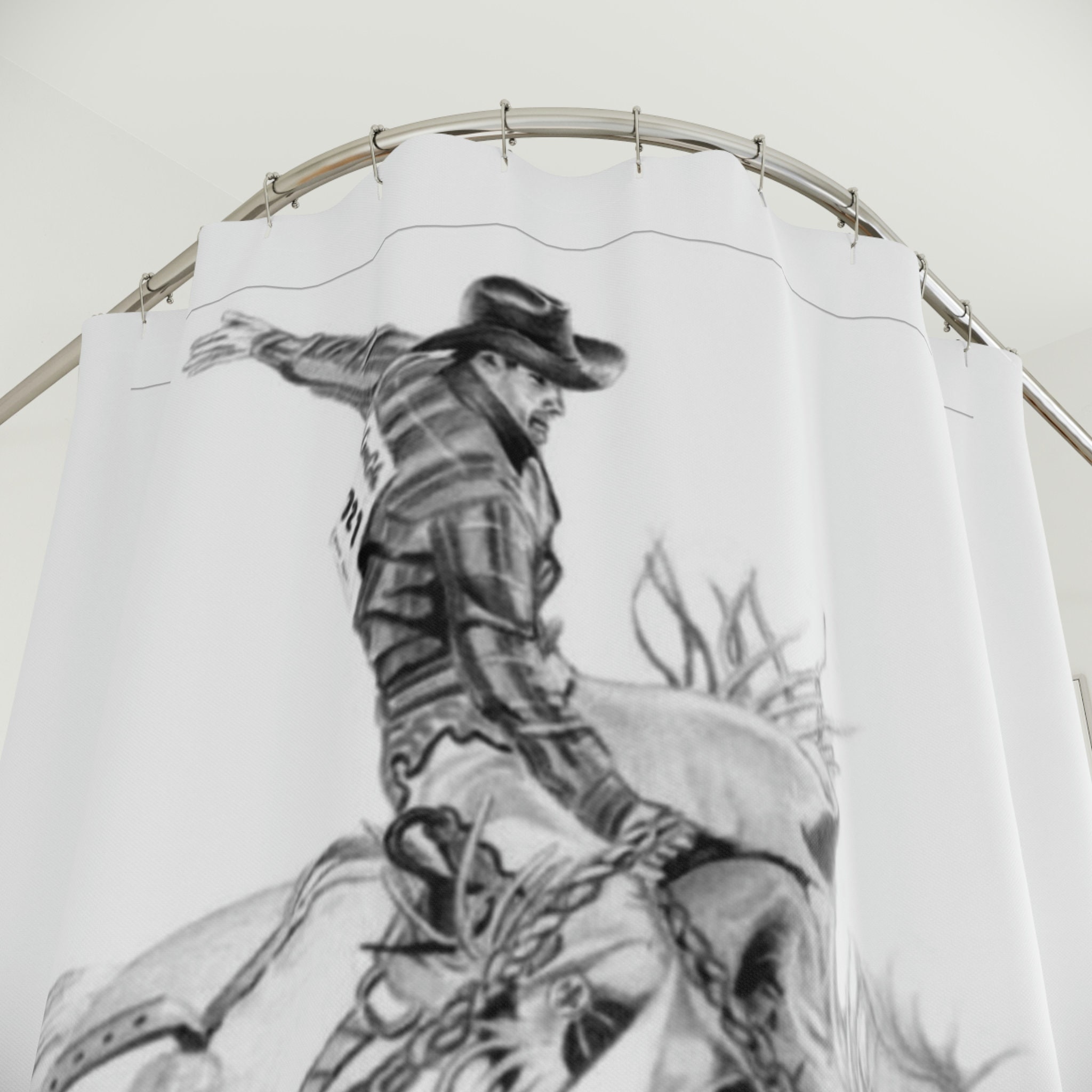 Original Western Art Rodeo Shower Curtain - Bronc Busting Cowboy Riding