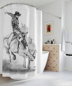 Original Western Art Rodeo Shower Curtain - Bronc Busting Cowboy Riding