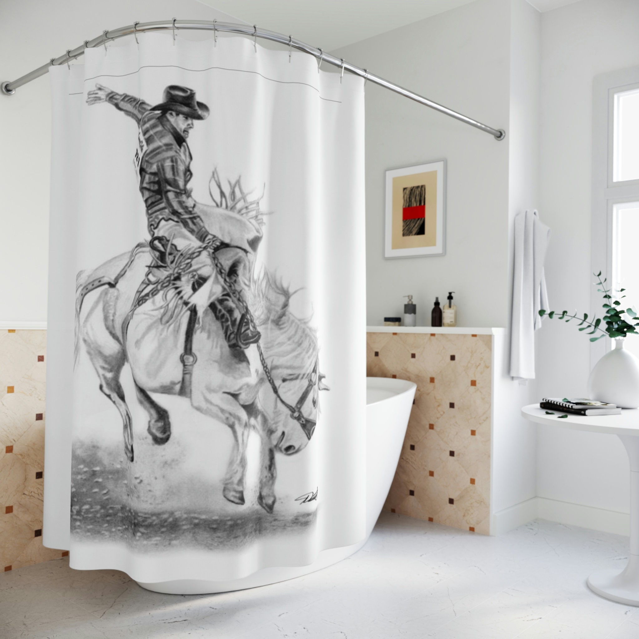Original Western Art Rodeo Shower Curtain - Bronc Busting Cowboy Riding
