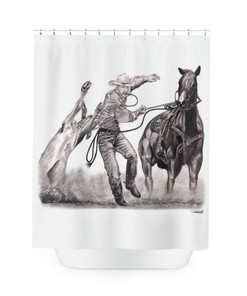 Original Western Art Rodeo Shower Curtain - Horse Riding Calf Roping Cowboy 