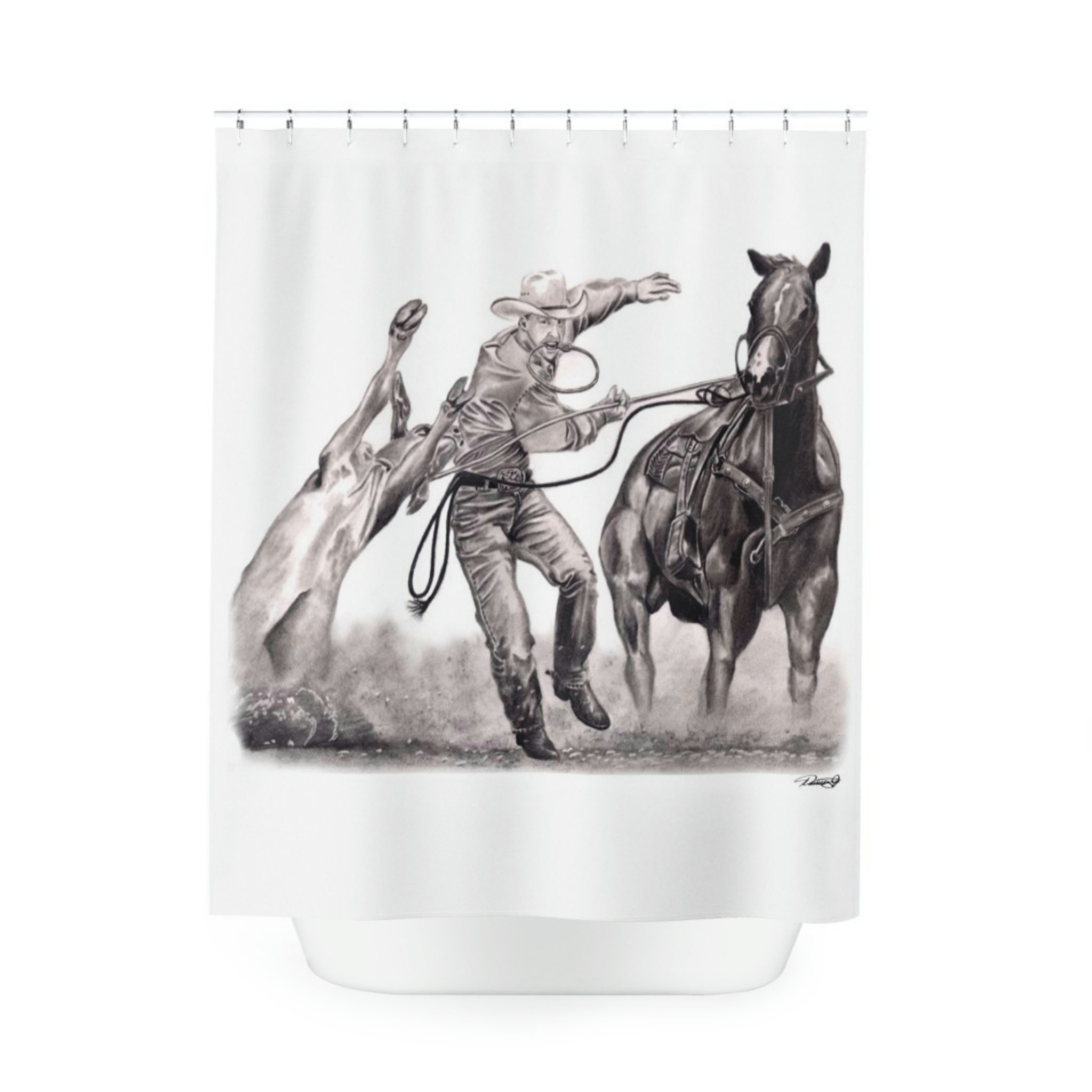 Original Western Art Rodeo Shower Curtain - Horse Riding Calf Roping Cowboy