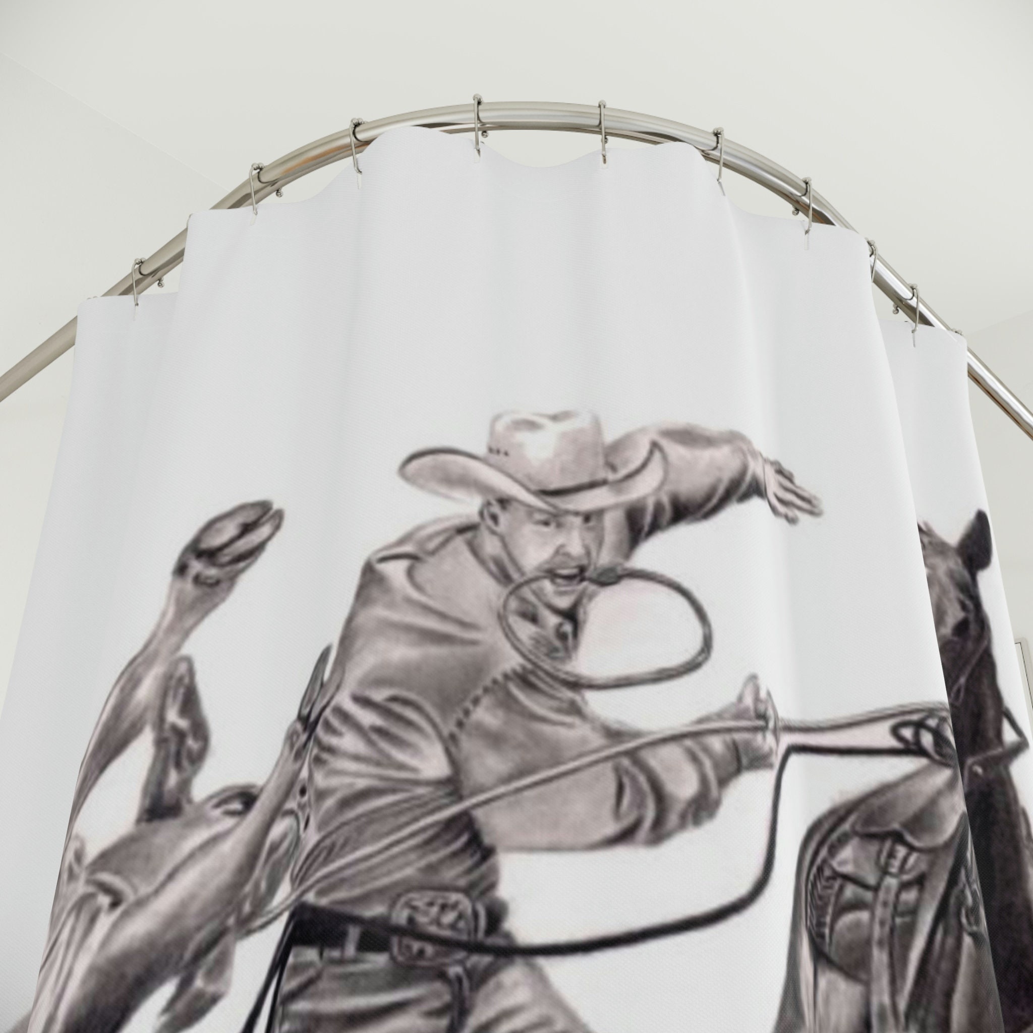 Original Western Art Rodeo Shower Curtain - Horse Riding Calf Roping Cowboy