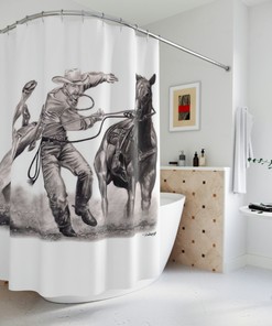 Original Western Art Rodeo Shower Curtain - Horse Riding Calf Roping Cowboy
