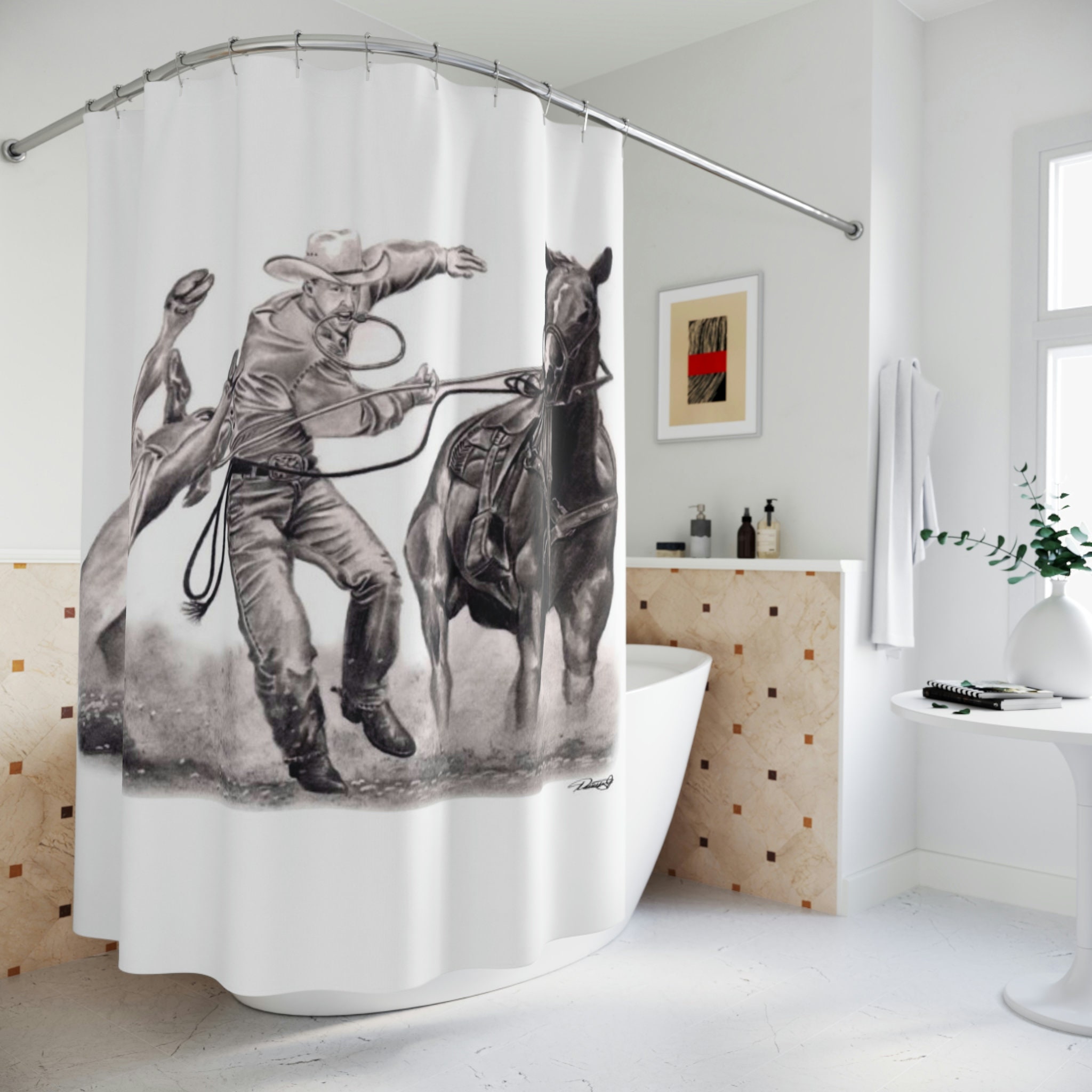 Original Western Art Rodeo Shower Curtain - Horse Riding Calf Roping Cowboy