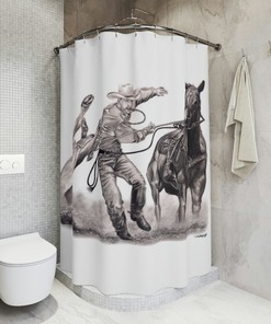 Original Western Art Rodeo Shower Curtain - Horse Riding Calf Roping Cowboy