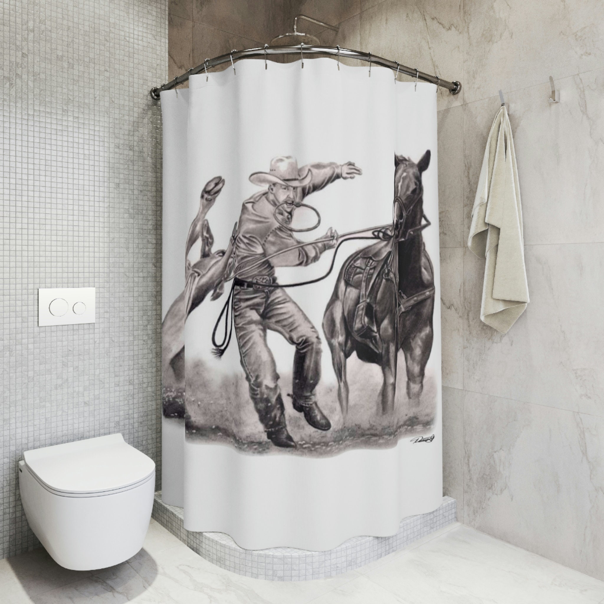 Original Western Art Rodeo Shower Curtain - Horse Riding Calf Roping Cowboy