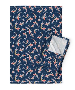 Ornamental Carp Linen Tea Towels with Japanese Koi Fish Design