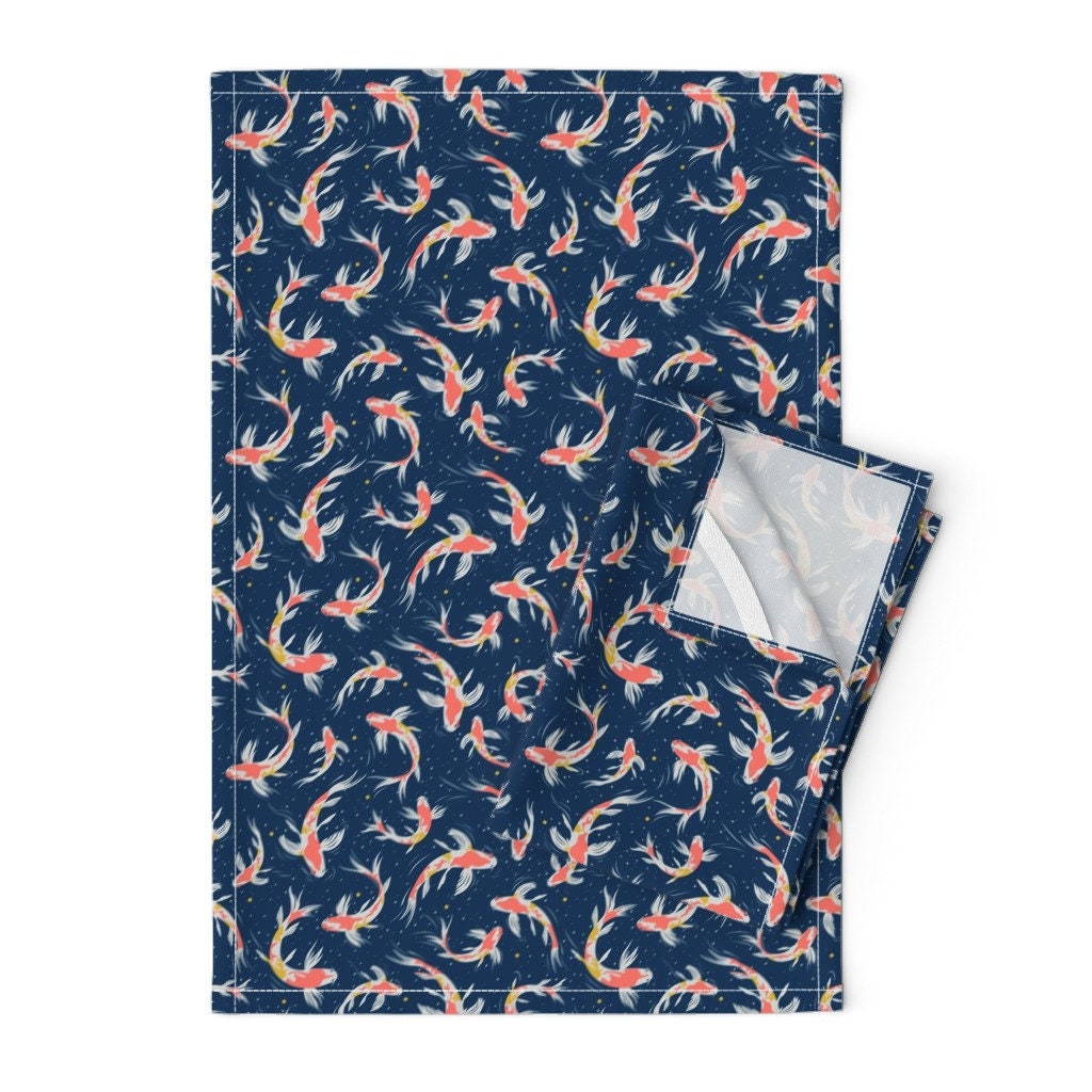 Ornamental Carp Linen Tea Towels with Japanese Koi Fish Design