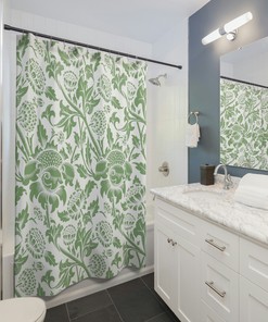 Ornamental Floral Design Green And White Shower Curtain For A Beautiful Bathroom