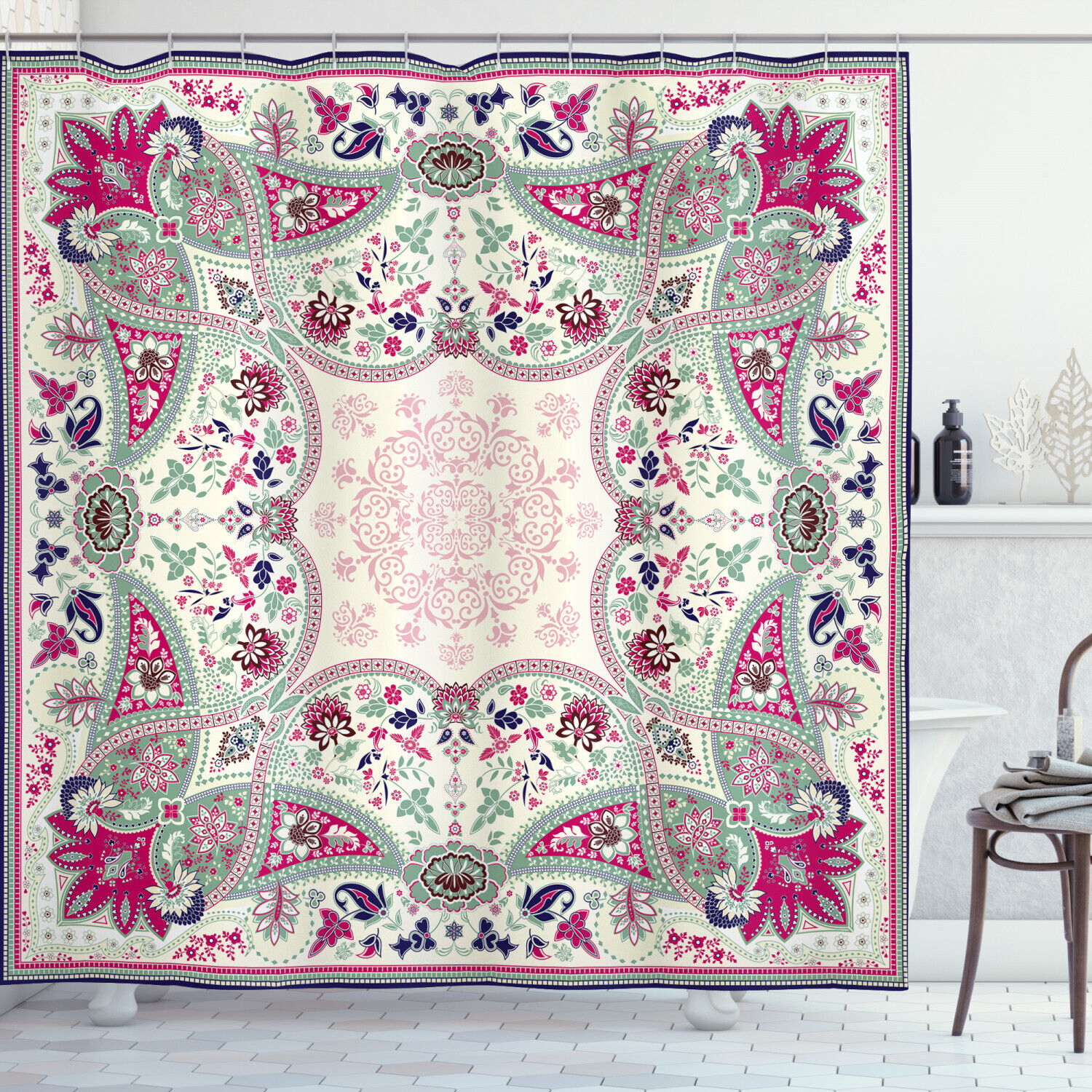 Ornamental Square Geometric Pattern Shower Curtain For Modern Bathroom Decor