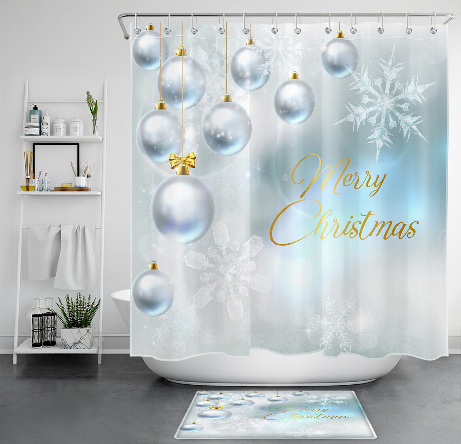 Ornamented Merry Christmas Waterproof Shower Curtain Bathroom Decor