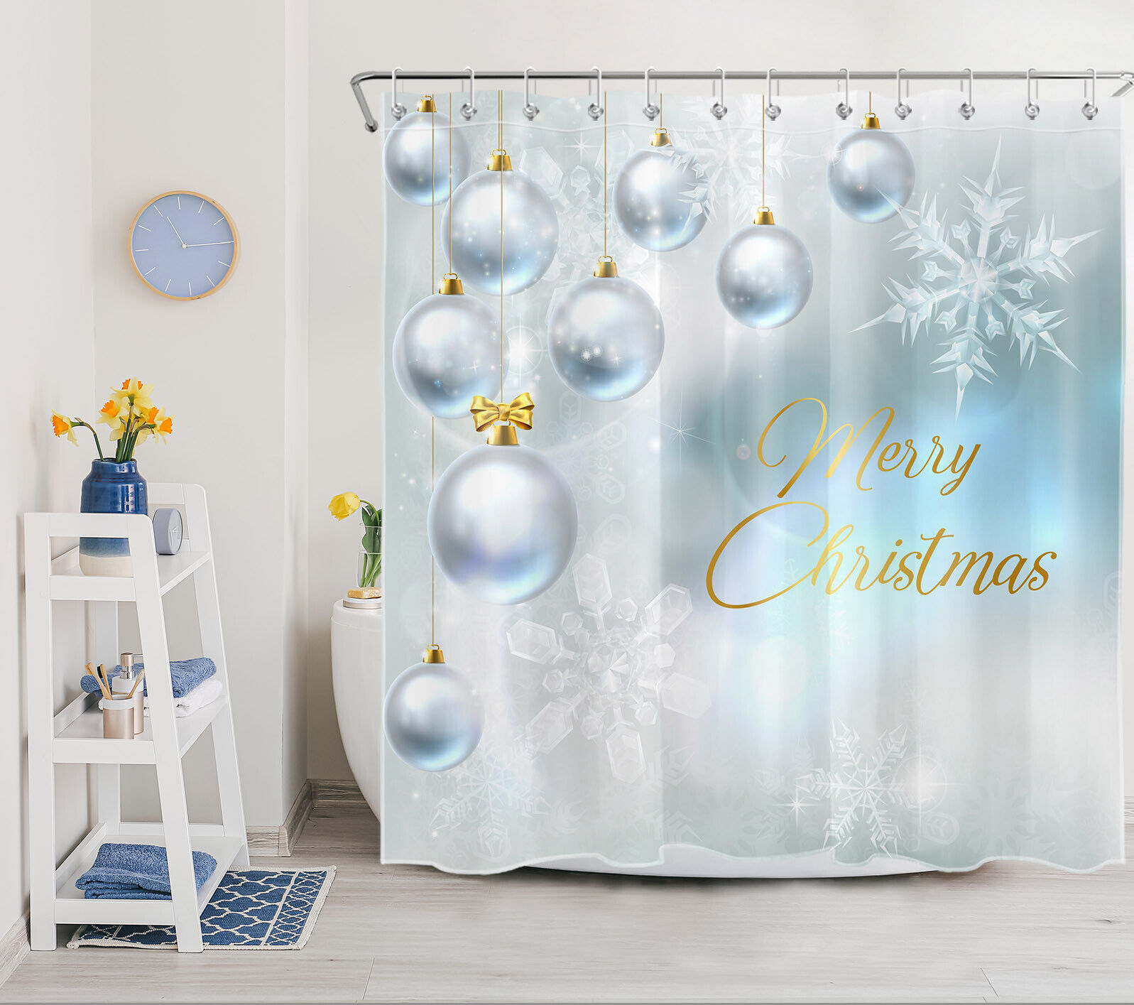 Ornamented Merry Christmas Waterproof Shower Curtain Bathroom Decor