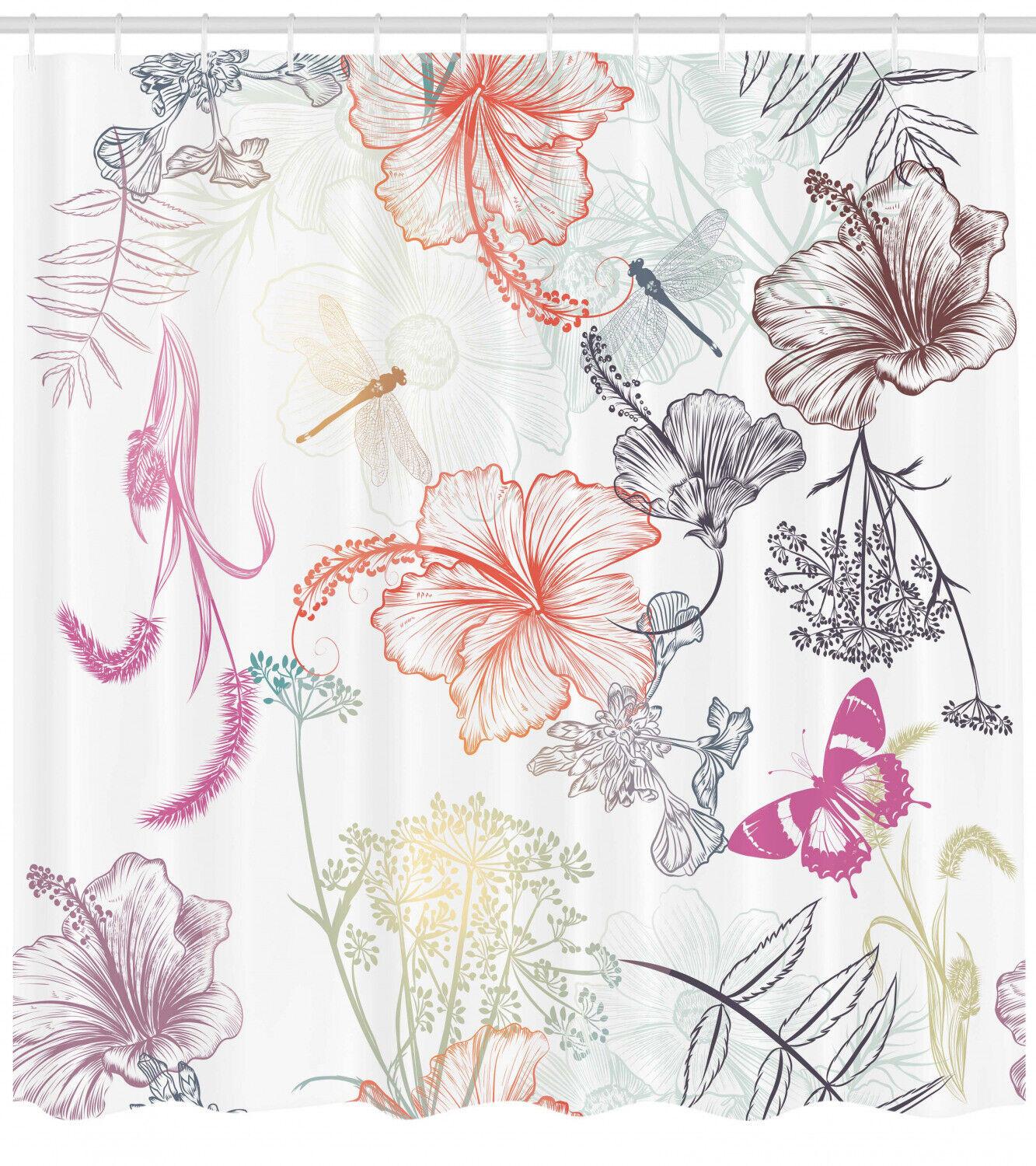 Ornate Hibiscus Moth Dragonfly Shower Curtain For A Tropical Bath - Image 2