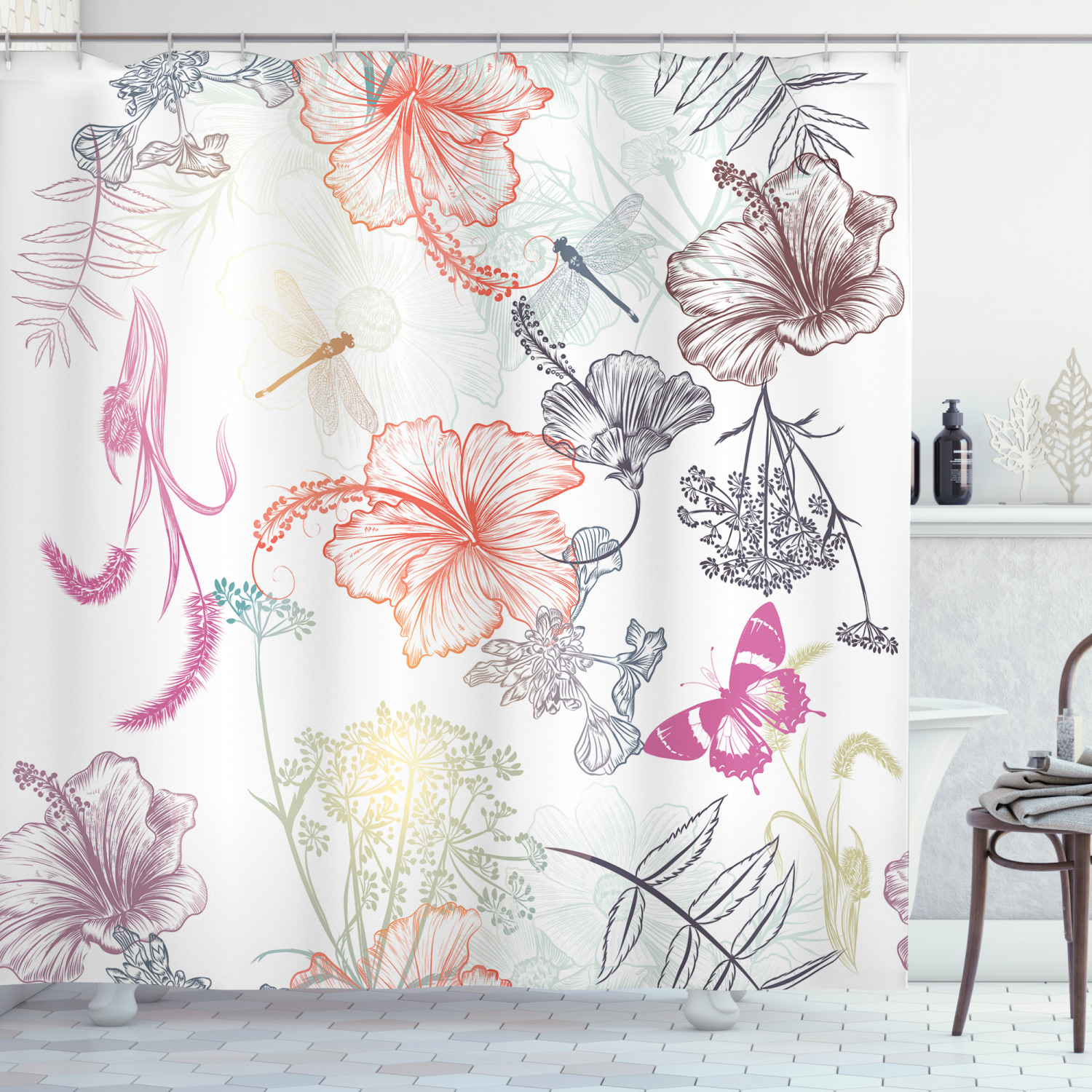 Ornate Hibiscus Moth Dragonfly Shower Curtain For A Tropical Bath - Image 3