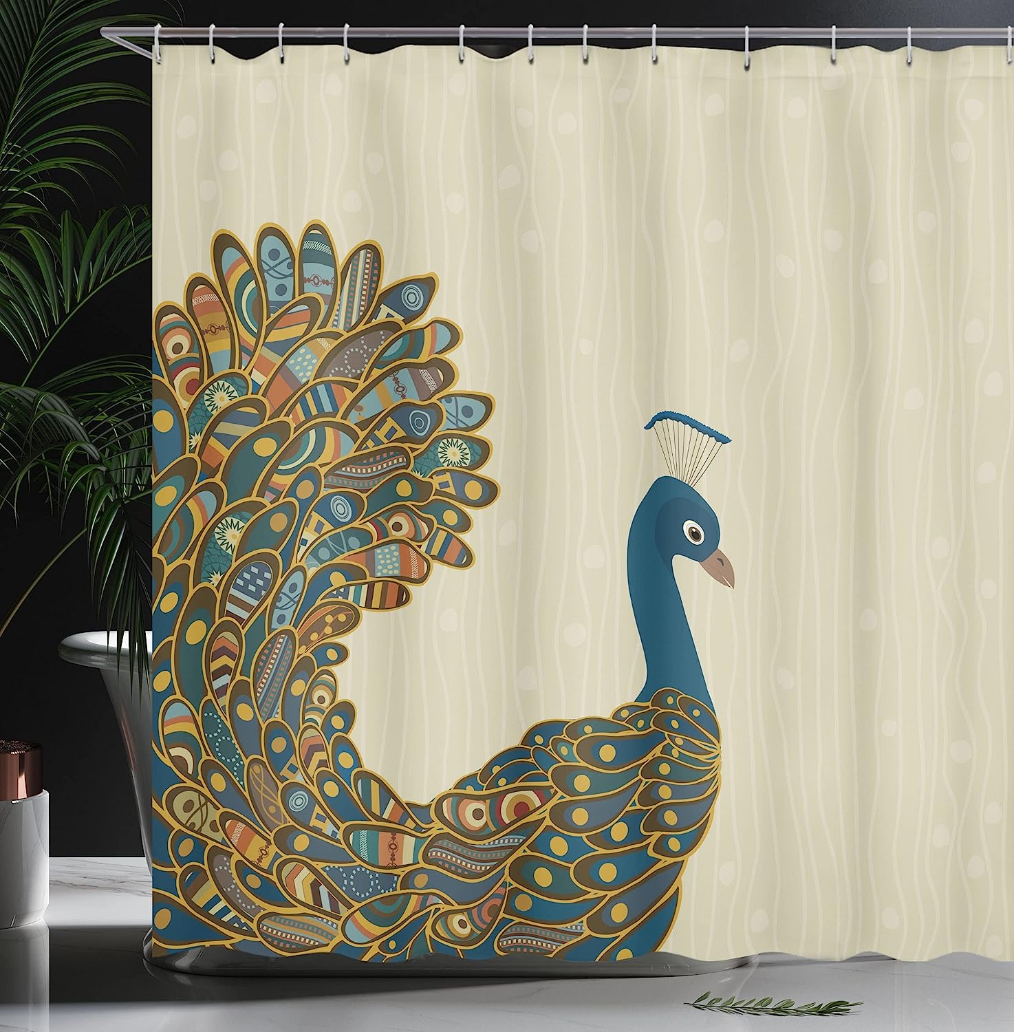 Ornate Peacock Feather Shower Curtain, Oriental Background With Motley Bird Tail For Bathroom - Image 3