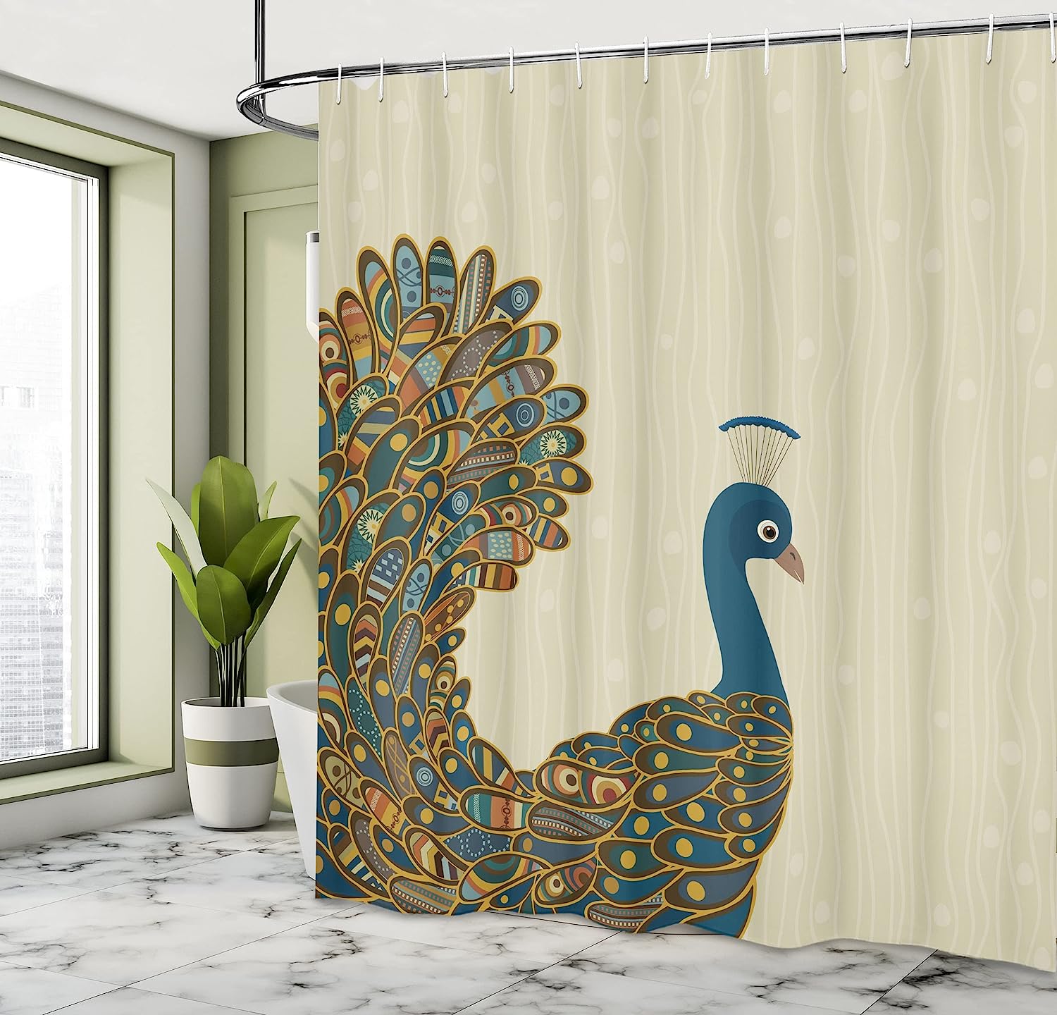 Ornate Peacock Feather Shower Curtain, Oriental Background With Motley Bird Tail For Bathroom - Image 4