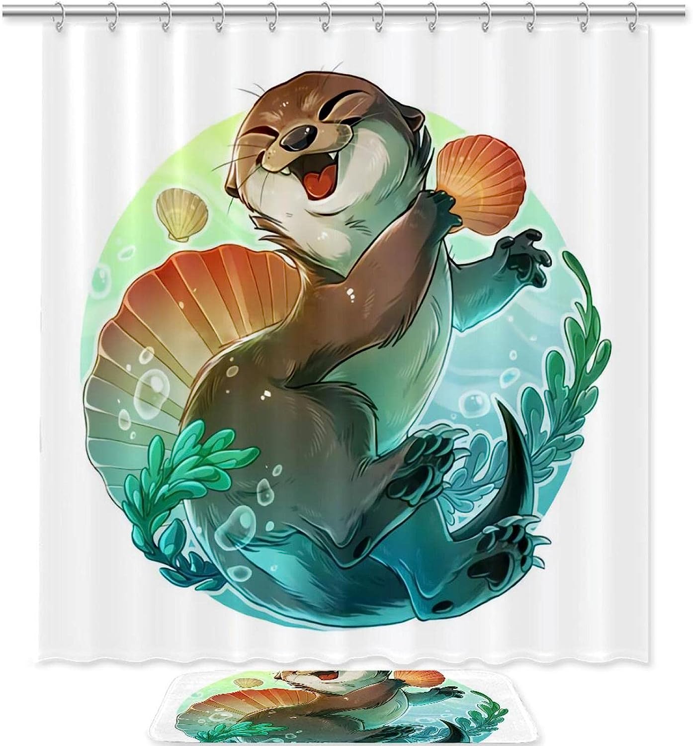 Otter Holding Seashell Waterproof Bathroom Shower Curtain