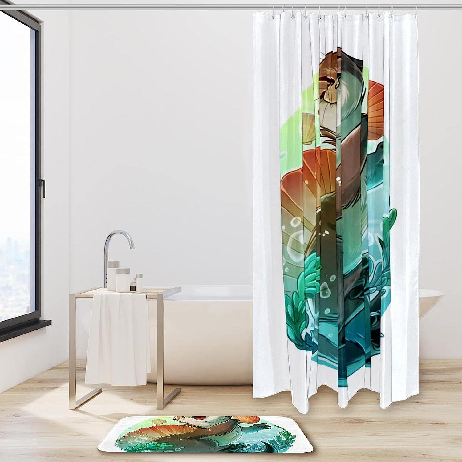 Otter Holding Seashell Waterproof Bathroom Shower Curtain