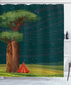 Outdoor Adventure Shower Curtain, Cloth Fabric Bathroom Decor with a Tent Under a Starry Night in Madagascar Countryside