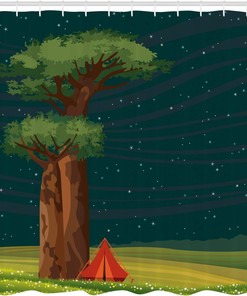 Outdoor Adventure Shower Curtain, Cloth Fabric Bathroom Decor with a Tent Under a Starry Night in Madagascar Countryside