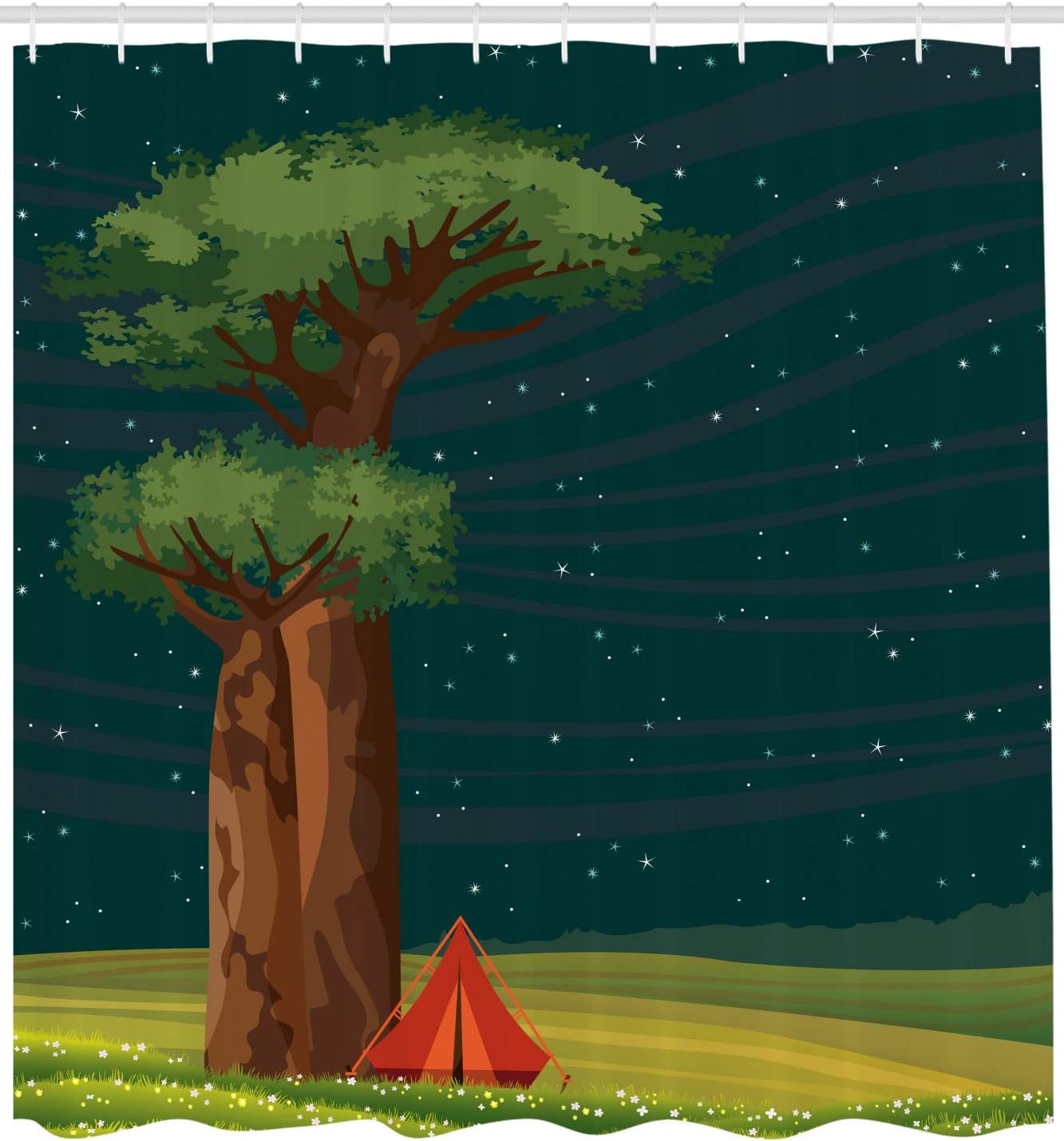 Outdoor Adventure Shower Curtain, Cloth Fabric Bathroom Decor with a Tent Under a Starry Night in Madagascar Countryside