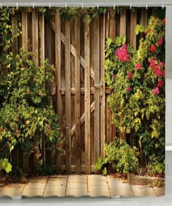 Outdoor Garden Fence Scenic Shower Curtain With Garden Gate And Roses 3D Design