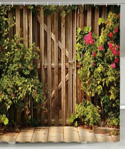 Outdoor Garden Fence Scenic Shower Curtain With Garden Gate And Roses 3D Design
