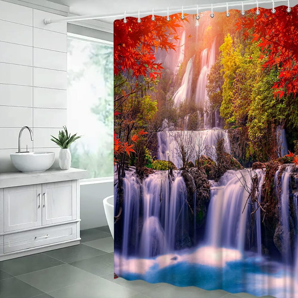 Outdoor Shower Curtain With Waterfall, Tree, And Mountain Design - Add A Scenic View To Your Bathroom