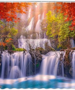 Outdoor Shower Curtain With Waterfall, Tree, And Mountain Design - Add A Scenic View To Your Bathroom