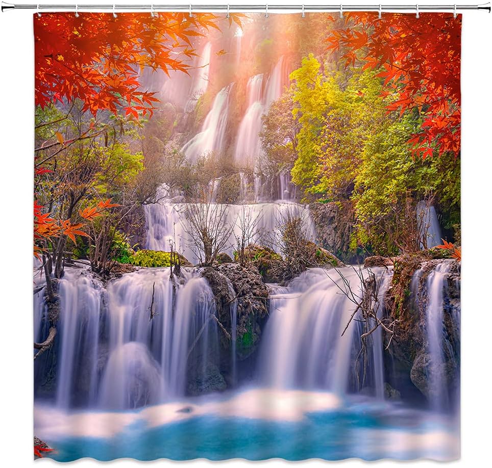 Outdoor Shower Curtain With Waterfall, Tree, And Mountain Design - Add A Scenic View To Your Bathroom