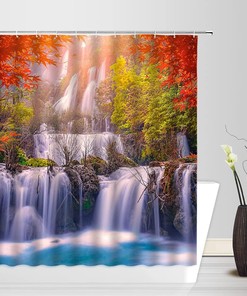 Outdoor Shower Curtain With Waterfall, Tree, And Mountain Design - Add A Scenic View To Your Bathroom
