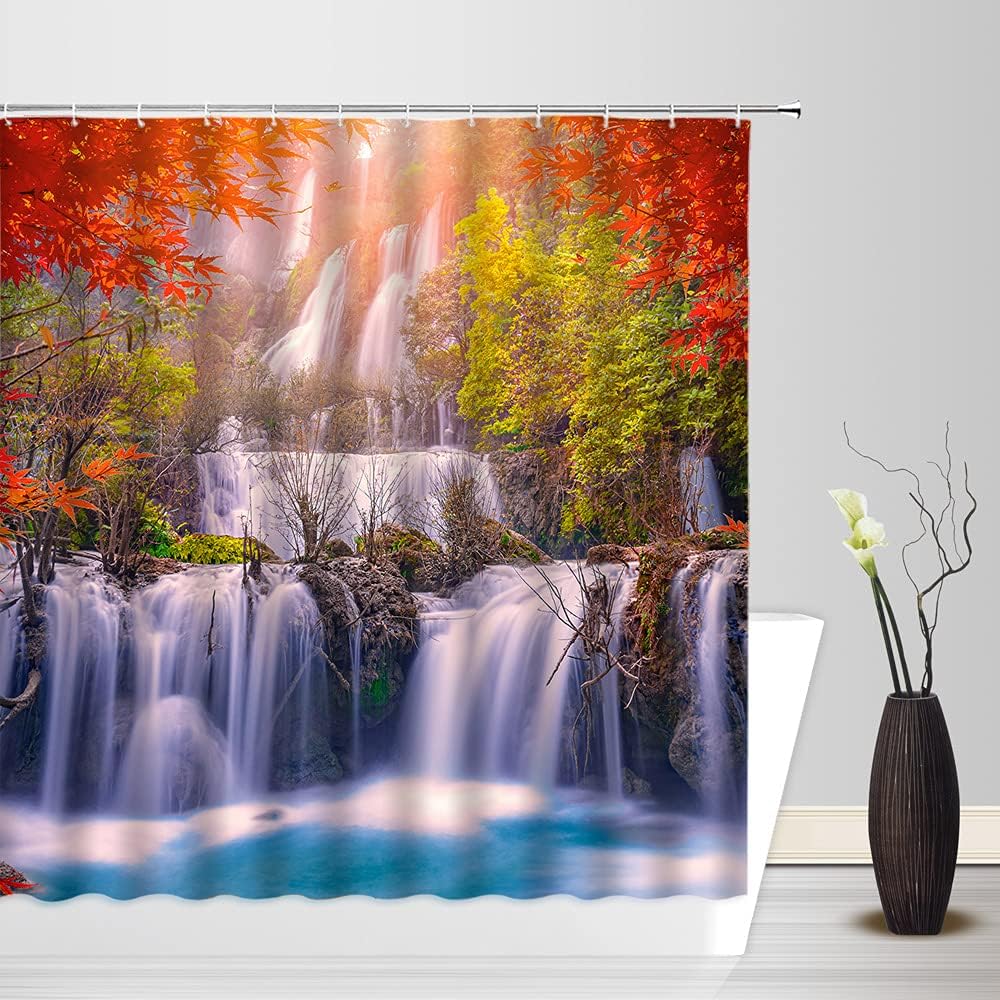 Outdoor Shower Curtain With Waterfall, Tree, And Mountain Design - Add A Scenic View To Your Bathroom