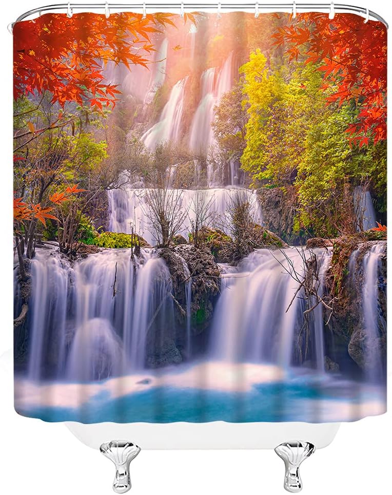 Outdoor Shower Curtain With Waterfall, Tree, And Mountain Design - Add A Scenic View To Your Bathroom
