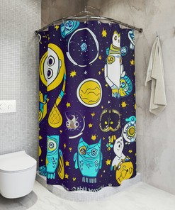 Outer Space Ai Art Cosmic Kitten And Robot Owl Print Shower Curtain For Kids Bathroom Decor